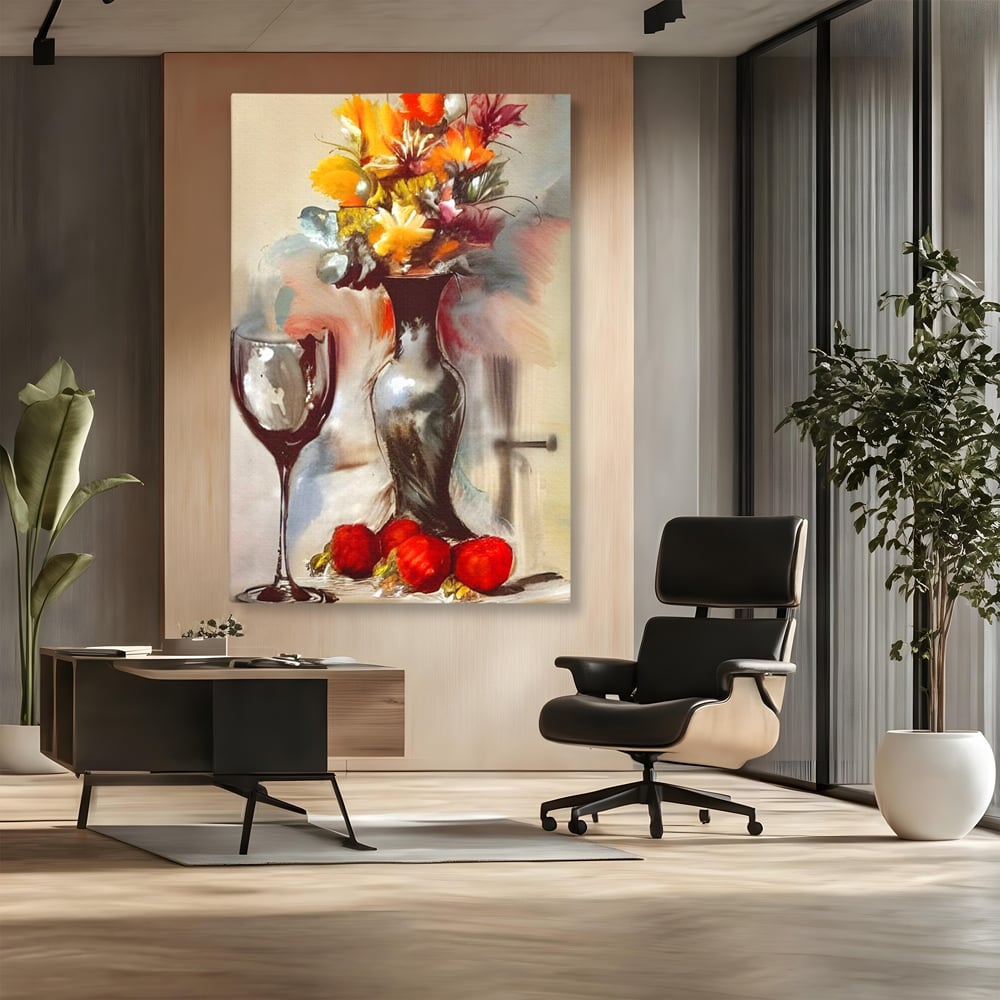 Tablou canvas cu pictura cu vaza, flori si pahar de vin, fara rama, pe sasiu de lemn, pe perete intr-un birou